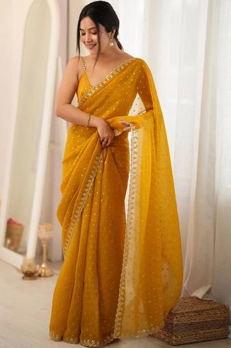 yellow embellished zari poly chiffon designer saree