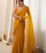 yellow embellished zari poly chiffon designer saree