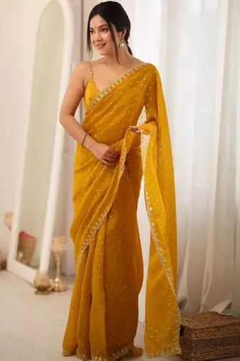 yellow embellished zari poly chiffon designer saree