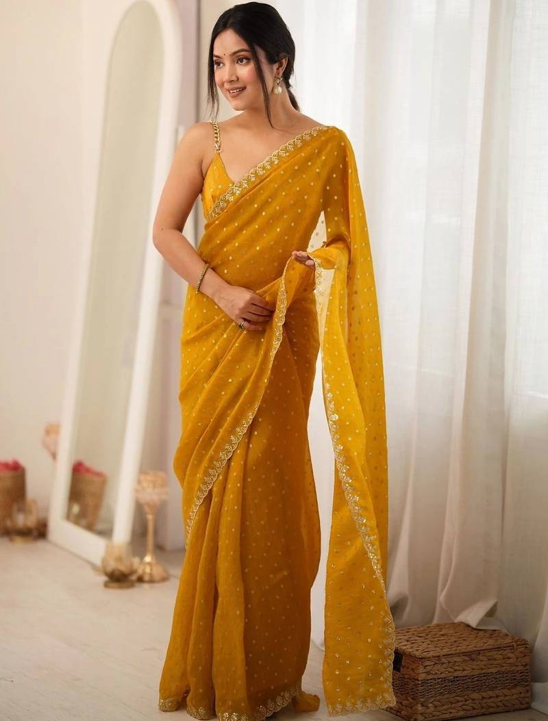 yellow embellished zari poly chiffon designer saree