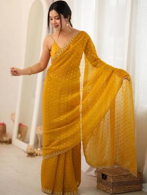 yellow embellished zari poly chiffon designer saree 3