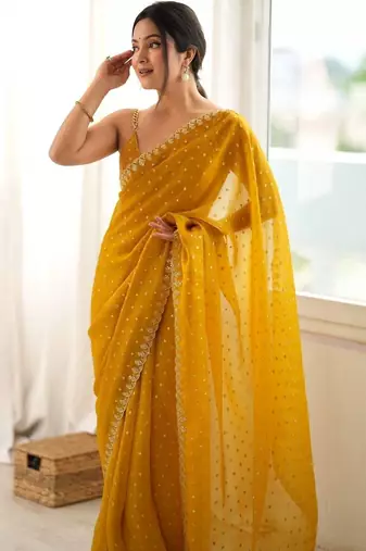 yellow embellished zari poly chiffon designer saree