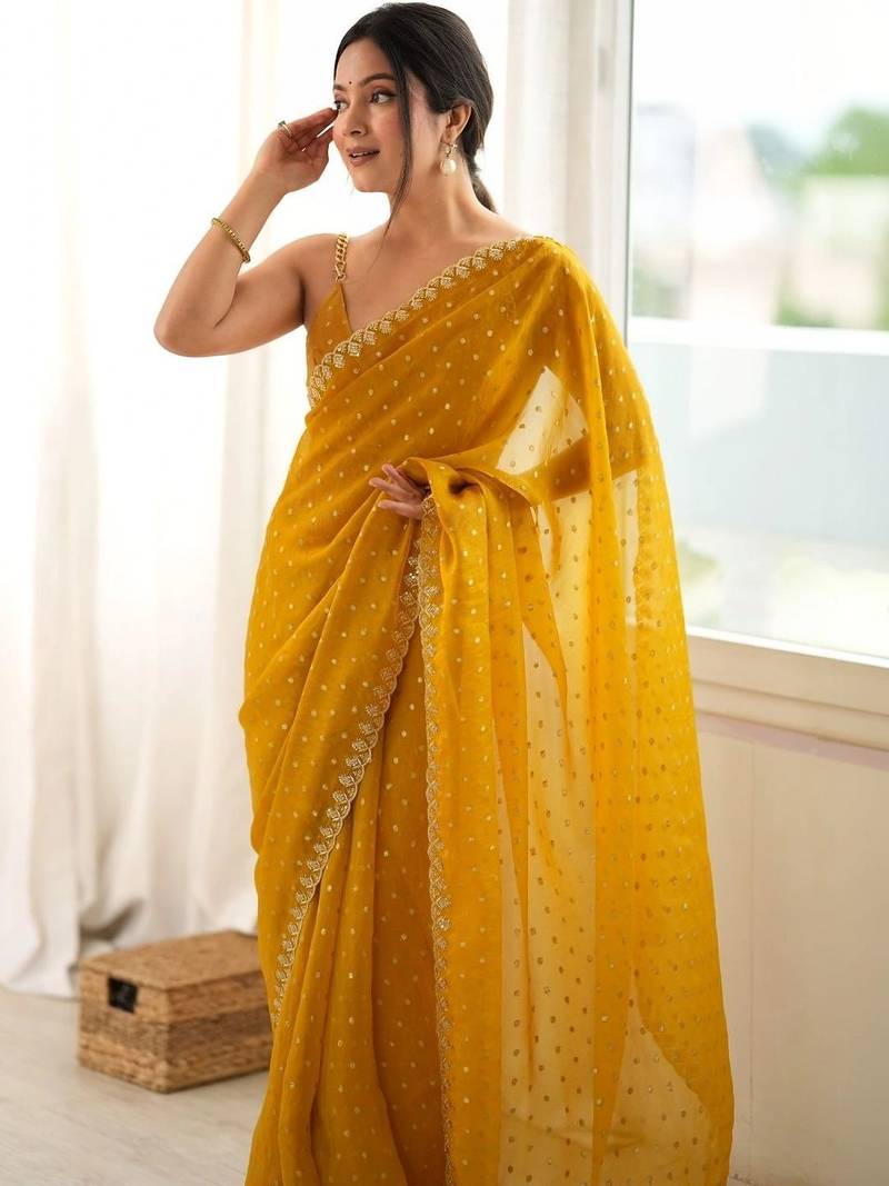 yellow embellished zari poly chiffon designer saree