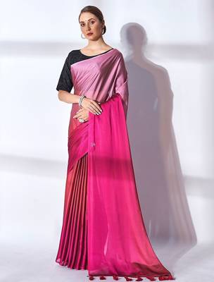 pink pink & peach-coloured tasseled ombre pure georgette saree 1