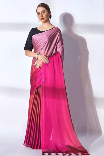 pink pink & peach-coloured tasseled ombre pure georgette saree