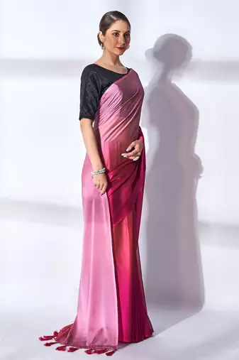 pink pink & peach-coloured tasseled ombre pure georgette saree