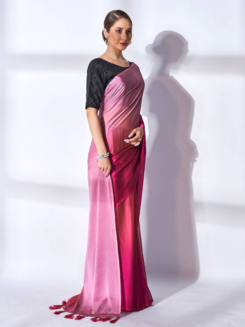 pink pink & peach-coloured tasseled ombre pure georgette saree