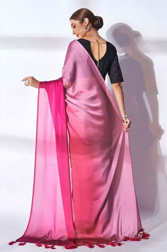 pink pink & peach-coloured tasseled ombre pure georgette saree