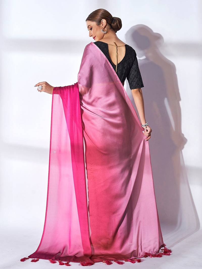pink pink & peach-coloured tasseled ombre pure georgette saree