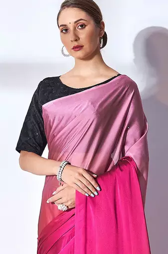 pink pink & peach-coloured tasseled ombre pure georgette saree