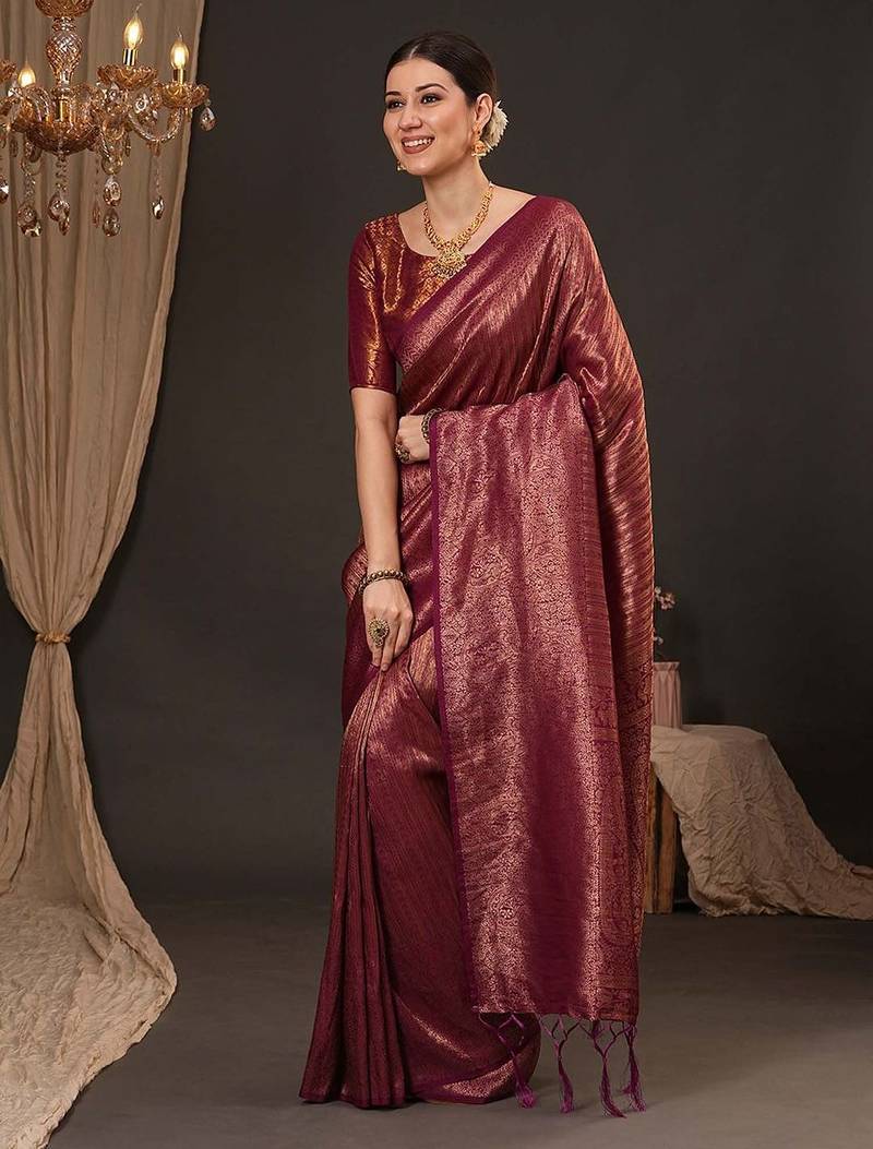 Maroon woven design zari silk blend kanjeevaram saree