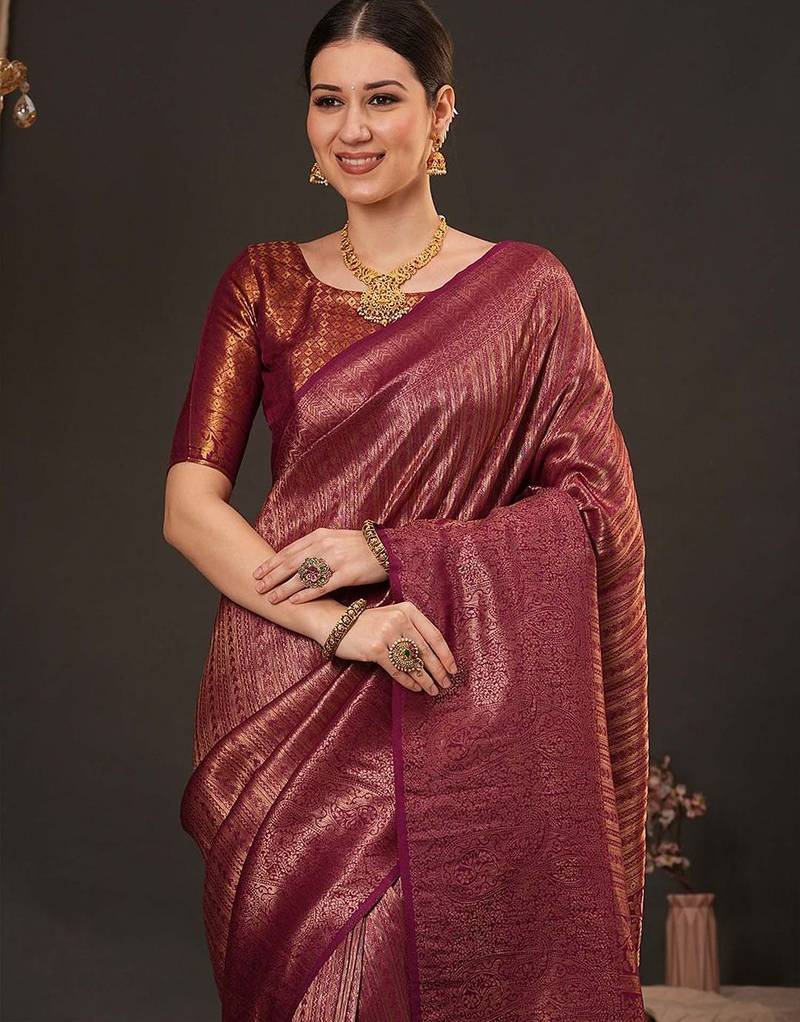 Maroon woven design zari silk blend kanjeevaram saree