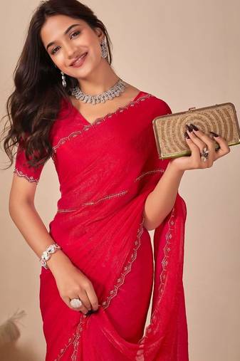red embellished beads & stones chiffon saree