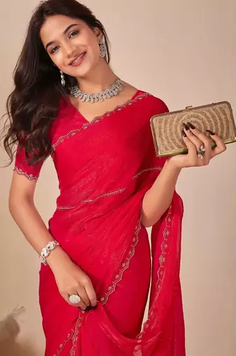 red embellished beads & stones chiffon saree