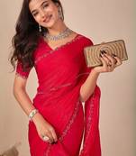 red embellished beads & stones chiffon saree