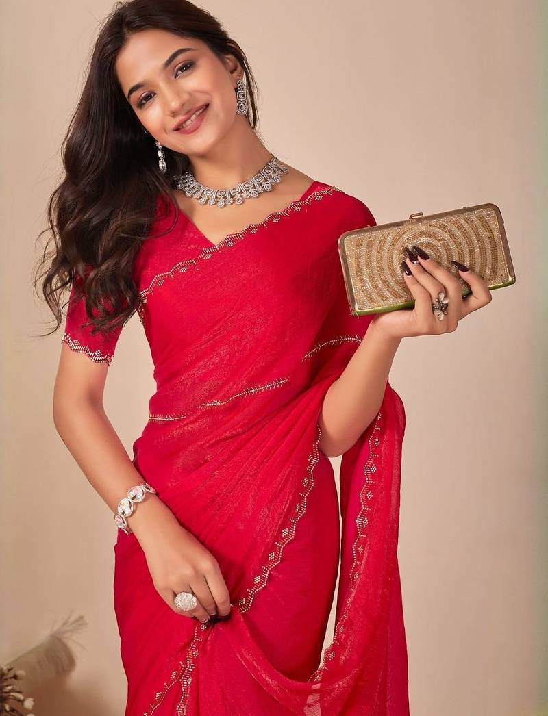 red embellished beads & stones chiffon saree