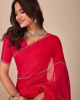 red embellished beads & stones chiffon saree 2