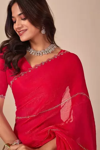 red embellished beads & stones chiffon saree