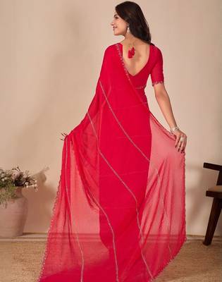 red embellished beads & stones chiffon saree 3