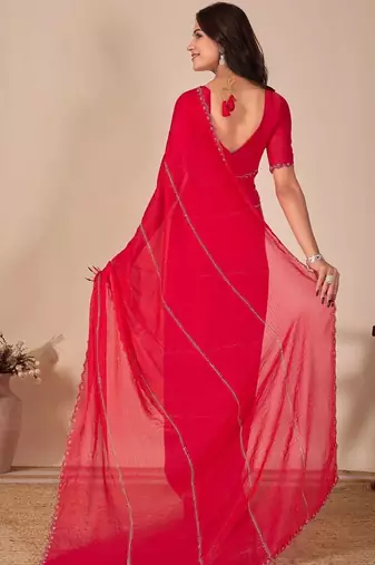 red embellished beads & stones chiffon saree