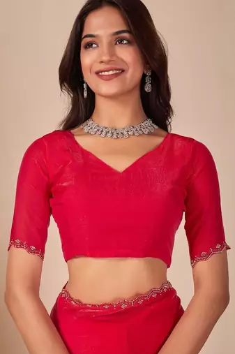 red embellished beads & stones chiffon saree
