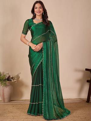 green embellished beads & stones saree with unstiched blouse piece 1