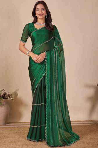 green embellished beads & stones saree with unstiched blouse piece