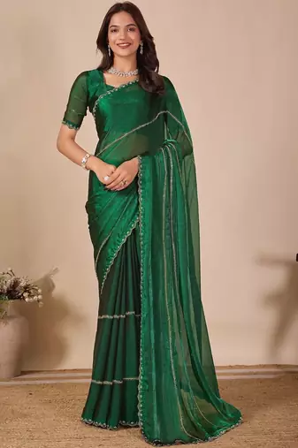 green embellished beads & stones saree with unstiched blouse piece