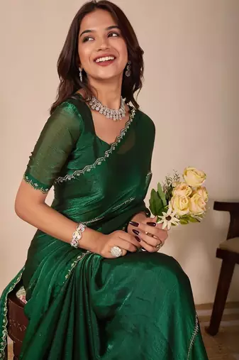 green embellished beads & stones saree with unstiched blouse piece