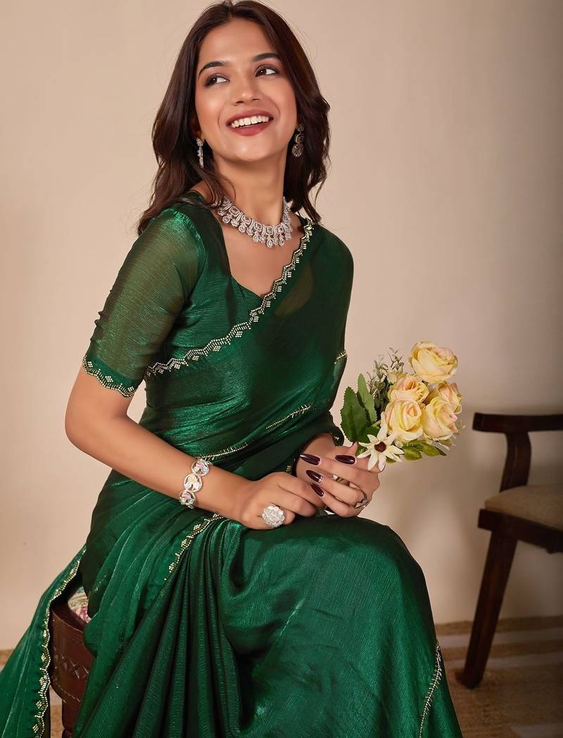 green embellished beads & stones saree with unstiched blouse piece