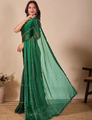 green embellished beads & stones saree with unstiched blouse piece 3