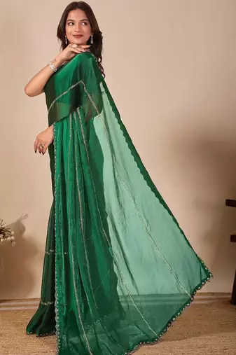 green embellished beads & stones saree with unstiched blouse piece