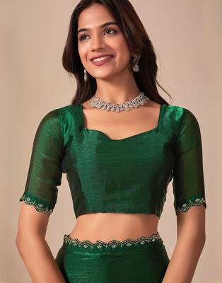 green embellished beads & stones saree with unstiched blouse piece 4