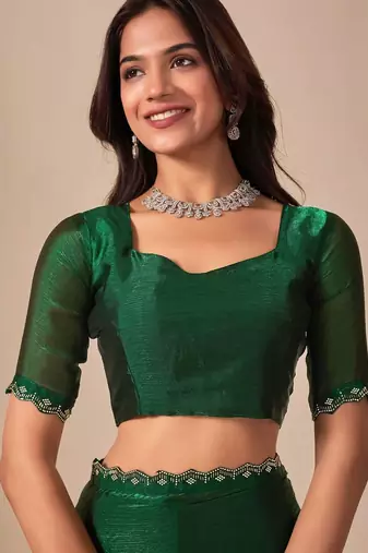 green embellished beads & stones saree with unstiched blouse piece