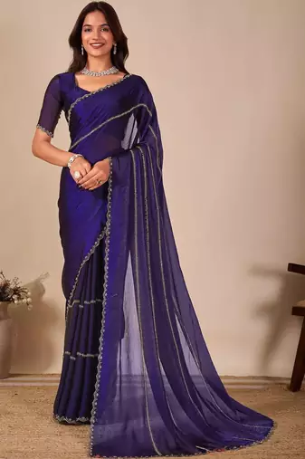 Blue striped embellished sequinned saree