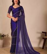 Blue striped embellished sequinned saree