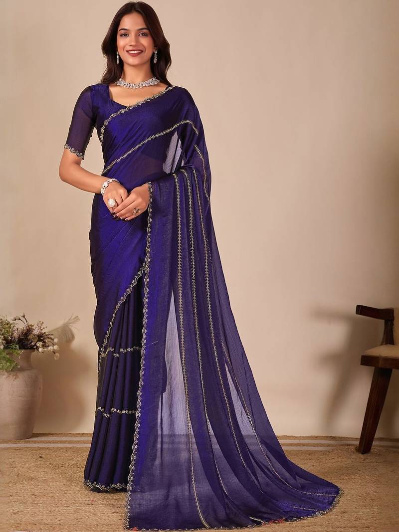 Blue striped embellished sequinned saree