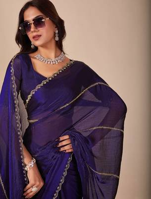 Blue striped embellished sequinned saree 2