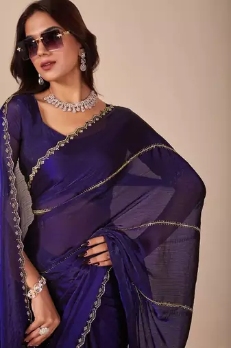 Blue striped embellished sequinned saree