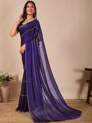 Blue striped embellished sequinned saree 3
