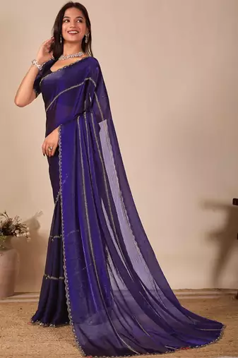 Blue striped embellished sequinned saree