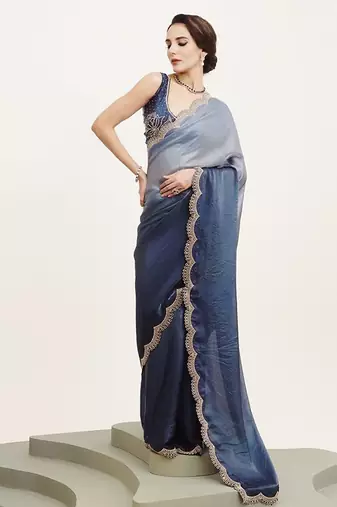Turquoise ombre beads and stones satin saree
