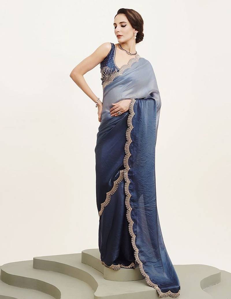 Turquoise ombre beads and stones satin saree