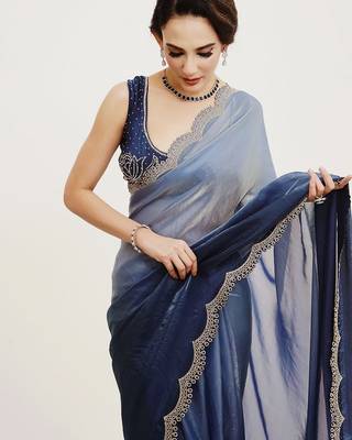 Turquoise ombre beads and stones satin saree 2