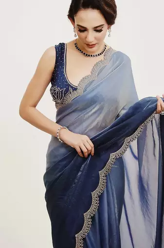 Turquoise ombre beads and stones satin saree