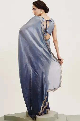 Turquoise ombre beads and stones satin saree