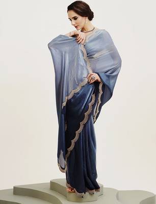 Turquoise ombre beads and stones satin saree 4