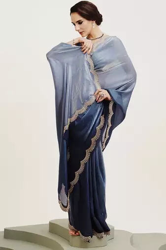 Turquoise ombre beads and stones satin saree
