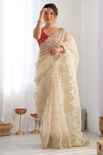 Off white women embellished embroidered beads and stones organza celebrity saree