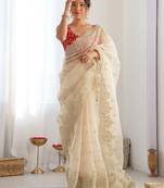 Off white women embellished embroidered beads and stones organza celebrity saree